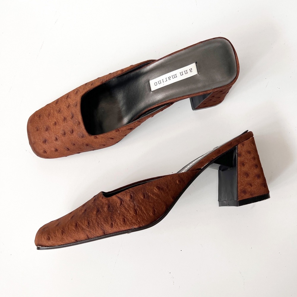 Vintage 90s Ann Marino Ostrich Embossed Square Toe Block Heel Mules Size 8 Brown